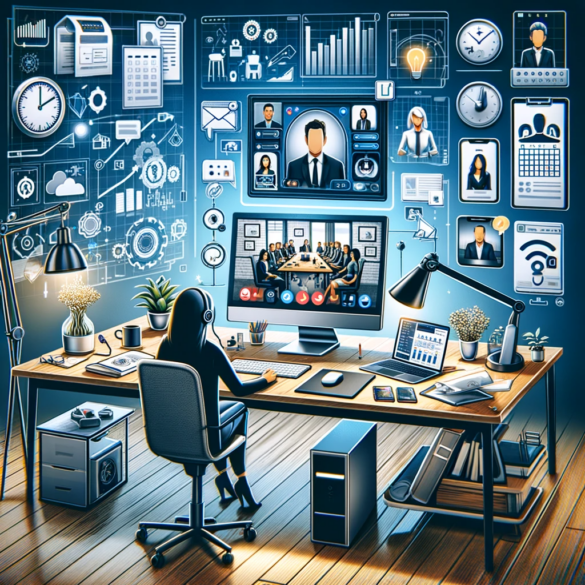 DALL·E 2024 01 10 12.18.24 An illustrative image showcasing the concept of embracing remote work and effectively managing virtual teams. The image features a modern home office